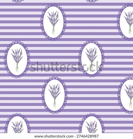 Lavender Bouquet Seamless Pattern with Lacy Frames on Purple Stripes, French Provence Botanical Vector for Wellness and Textile Decor