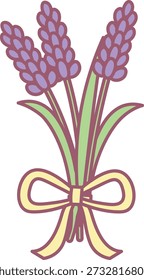 Lavender bouquet tied with a bow, three spikes and long leaves in clean outline. Symbol of calm, spa, aroma, relaxation, gift and wedding favor. Cartoon vector illustration.