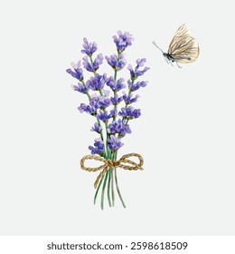 Lavender bouquet tied with a string, butterfly, watercolor. Hand drawn vector illustration. For design of greeting cards, labels, invitations, posters, banners.