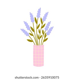 Lavender Bouquet in vase. Scented purple flowers in hand drawn style. Flat vector illustration for summer cozy home design