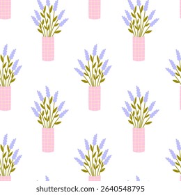 Lavender Bouquet in Vase Seamless Pattern. Minimal Pastel Colored Floral Background. Festive Celebratory Flowers. Repeat vector illustration