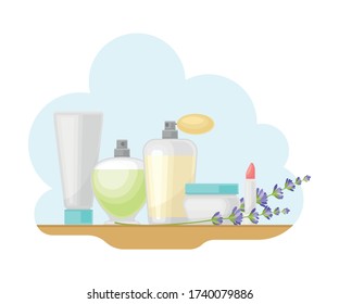 Lavender Branches and Perfume Jars Paris Composition Vector Illustration