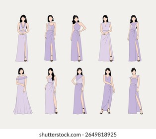 Lavender Bridesmaid Dress Fashion Illustration Set. Designed for wedding-themed visuals, digital fashion content, and feminine apparel references for microstock platforms.