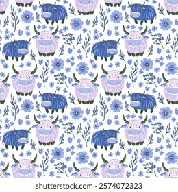 Lavender bulls, blue cows seamless floral pattern, white background, cold colors, yak, heart, elegant botanical universal decorative vector design, soft tones countryside, tranquil minimalist nature