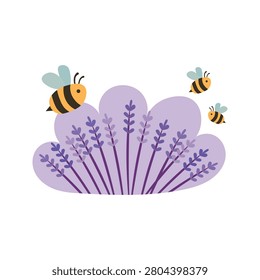 Lavender bush with flying bees. Cute spring floral composition with blooming purple lavender flowers and honey bees. Flat vector illustration isolated on white background.