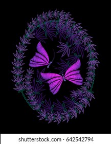 Lavender and butterflies embroidery design. Vector