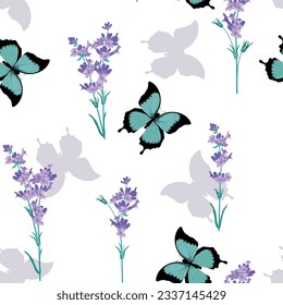 Lavender and butterflies on a white background. Seamless vector illustration. For decorating textiles, packaging, wallpapers.