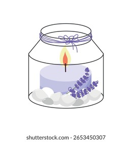 Lavender candle in a glass jar with white stones and purple flower decoration tied with string and lit flame