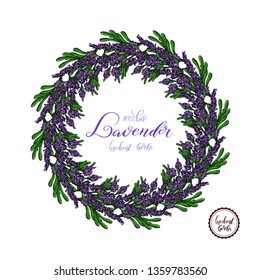 Lavender Card with flowers. Vintage Label with provence violet lavender. Wreath of Lavender. Greeting card provence herbs,  invitation card for wedding. Vector illustration.