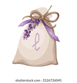 Lavender cartoon bag with bow string knot and floral branch. Cute rustic textile sachet of lavender flowers with cross stitch letter L. Comfort, aroma mascot, cartoon home decor vector illustration