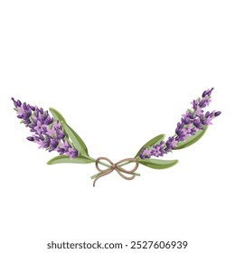 Borda de desenho animado lavanda com duas plantas e nó de arco. Elemento de coroa bonito, guirlanda floral com galhos amarrados com corda. Mascote de decoração, desenho animado roxo quadro de lavanda ilustração vetor