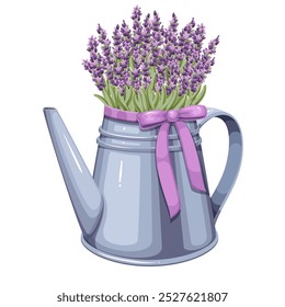 Lavender cartoon bouquet in watering can with purple ribbon bow. Cute metal retro garden tool with spring flowers. Springtime beauty mascot, cartoon lavender plants in pot vector illustration