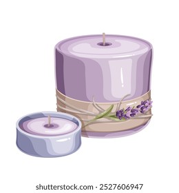 Lavender cartoon candles with floral decoration. Rustic candles with delicate aromatic flowers, craft paper and rope bow. Aromatherapy, spa mascot, cartoon cute home decor vector illustration