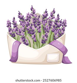 Lavender cartoon flowers in open paper envelope. Love letter with floral delicate branches and purple ribbon. Gift, romantic message mascot, cartoon cute lavender decoration vector illustration