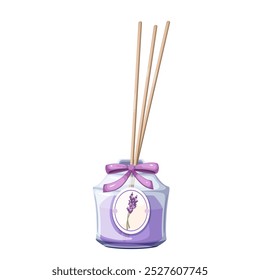 Lavender cartoon reed sticks in glass diffuser bottle. Transparent jar with label, incense sticks and purple ribbon bow. Aromatherapy mascot, cartoon lavender scent home device vector illustration