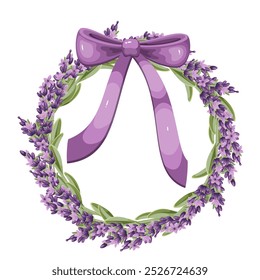 Coroa de desenhos animados lavanda com laço de fita. Círculo bonito de flores roxas de verão com folhas verdes, decoração romântica floral. Mascote de decoração de feriado, ilustração de vetor de grinalda redonda de desenhos animados