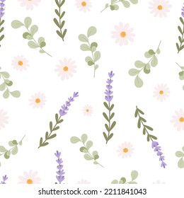 Lavender chamomile eucalyptus seamless pattern. Cute cozy herbal fabric print. Medicinal herbs and flowers. Wild meadow herbs vector background