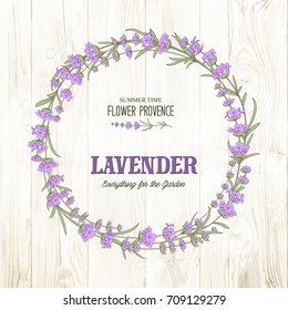 The lavender circle frame with cute flowers and text on the wooden background. Lavender blossom flowers for marriage invitation card. Frame with lavender herbs. Vector illustration.