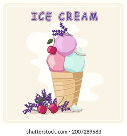 Lavender coconut cherry ice cream in waffle cone.
Vector flat cartoon illustration