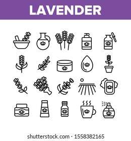 Lavender Collection Elements Icons Set Vector Thin Line. Lavender Flower And Drop, Container With Cosmetic Creme And Bottle With Perfume. Concept Linear Pictograms. Monochrome Contour Illustrations