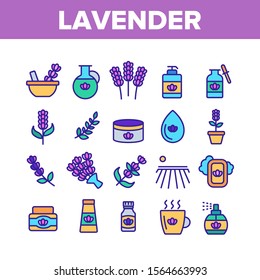 Lavender Collection Elements Icons Set Vector Thin Line. Lavender Flower And Drop, Container With Cosmetic Creme And Bottle With Perfume. Concept Linear Pictograms. Color Illustrations