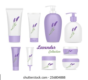 Lavender collection. Violet and white tubes isolated on white. vector