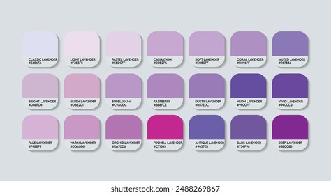 Paleta de colores de lavanda, Paleta de guías de colores de lavanda con nombres de colores. Catálogo Muestras de púrpura con códigos y nombres RGB HEX. Vector de paleta de Colores índigo, Vector de paleta de colores de lavanda de moda