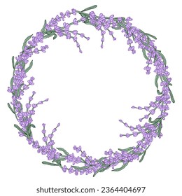 Lavender colorful flower circle wreath for card or invite. Vector background