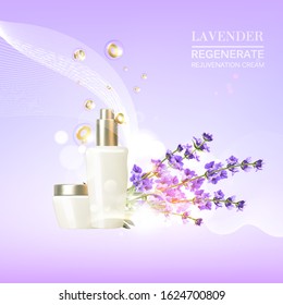 Lavender cosmetic label of organic cosmetic and skin care cream. Lavender cream and oil. Moisturizer with Vitamins and Regenerate Cream containes lavender essence. Beauty skin care design over violet.