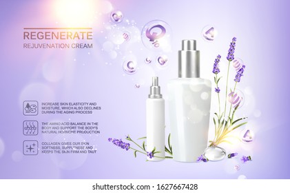 Lavender cosmetic label of organic cosmetic and skin care cream. Lavender cream and oil. Moisturizer with Vitamins and Regenerate Cream containes lavender essence. Beauty skin care design over violet.