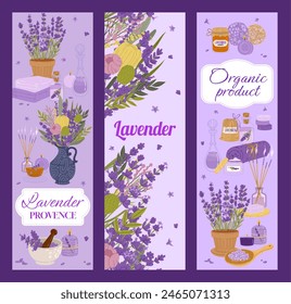Lavender cosmetics banners with flowers for skincare product ad, vector purple background. Aroma SPA cosmetics with Provence lavender soap and cream, aromatherapy and face skin massage oil essence