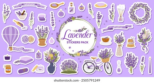 Lavender cosmetics and flowers sticker pack features charming lavender-themed patches, including bouquets, pot, vase, wreath, hot air balloon and products like hy, soap and oil, candles, tea, cream