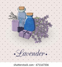 Lavender cosmetics set in the frame on the polka dots background. Lavender soup and oils and candles.