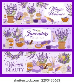 Banderas vectoriales de cosméticos de lavanda. Tarjetas horizontales al estilo provenzal con ingredientes y objetos de belleza para mujeres. Velas, jabón, palos aromáticos, hierbas secas, textiles, flores, miel y mortero con crema