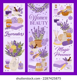 Banderas vectoriales de cosméticos de lavanda. Tarjetas de estilo provenzal mágico vertical con ingredientes y objetos de belleza para mujeres, flores, tarro de miel, mortero y crema. Velas, jabón, palos aromáticos, hierbas secas, textiles