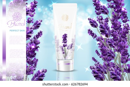 Lavender cream ads, natural skin care products with white and lavender flower package  isolated on sky blue background in vector 3d illustration