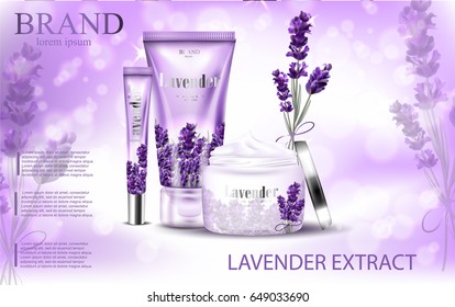 Lavender cream ads, natural skin care products with purple package and lavender elements isolated on glittering bokeh background in vector 3d illustration