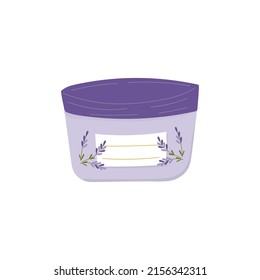 Lavender cream. Cosmetic and medicinal product. jar with lid and label. The subject is isolated on a white background. Editable vector cartoon illustration