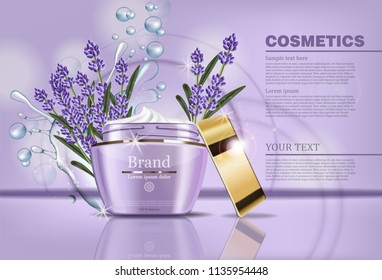 Lavender cream cosmetic Vector mock up. Realistic product packaging label design. Waterdrops and laveder flowers bouquets background