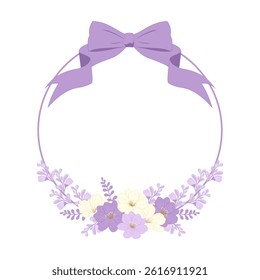 Lavender and Cream Floral Wreath with Ribbon. Romantic Flower Frame with Bow. Greeting Card Floral Design. Wedding Flower Wreath.