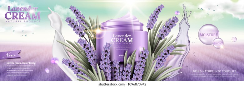 Lavender cream with flowers and splashing liquids leaves on purple field background in 3d illustration