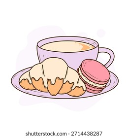 Taza de lavanda de café o té, macarrón, croissant, colocado en un plato Pequeño. Vector ilustración simple y elegante en estilo de dibujos animados sobre un fondo púrpura suave. 