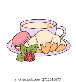 Lavender cup of coffee or tea, raspberry, macaroon, croissant placed on a small plate. Vector illustration in cartoon style on a soft purple background. Cozy and warm composition for the design