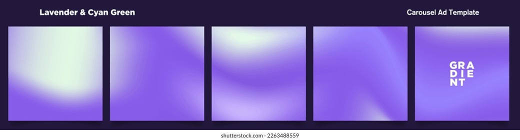 Lavender and Cyan Gradient Carousel Ad Template. Continuous Square Card Vector Template. EPS 10. Five gradient backdrops. Perfect for designs, feeds, social media, web, banners. Vector Illustration.