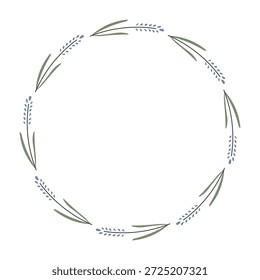 Lavender Decorative Wreath. Thin Tiny Flowers with leaves. Cute Elegant Chaplet. Scented Card Template with copy space for text. Vector illustration