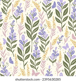 Lavender delicate flower and butterfly motif perfect for adding a touch of wild beauty to any piece of clothes and fabric. Wildflower vector background