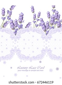 Lavender delicate lace card. Springtime Summer fresh natural wedding card. Vector illustration vertical design