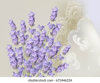 Lavender delicate lace card. Springtime Summer fresh natural wedding card. Vector illustration