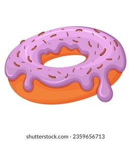 Lavender donut with icing and chocolate chips on a white background. Donut in the air with liquid icing. Vector sweets in three-dimensional style in bright colors