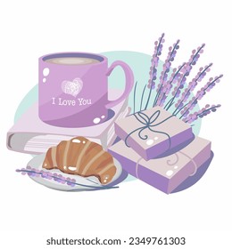 Lavender Elegance Café Libros cruasanes y regalos. Ilustración del vector